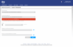 Screenshot of Fire's product showing the 'Bank Transfer from a Fire Account' screen. A Euro payment is being made to a payee with Account Holder Name 'Bean There, Done That Limited' and the IBAN filled in. A red error message states: 'The account holder name for this payee is not the same as the name held on the recipient account. Please confirm the details are correct before initiating a payment to this payee.' Fields are provided to enter the Euro amount and a payment reference, with 'Cancel' and 'Next' buttons displayed at the bottom.